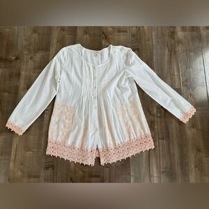 Sundance Tunic Embroidered White Peach Women's Small Pleated Button Up